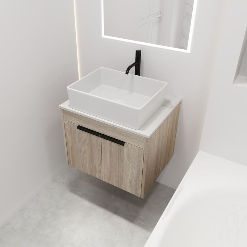 24 " Float Bathroom Vanity With Ceramic Basin Set,Wall Mounted White Oak Vanity With Soft Close Door,2 Pieces Parcel