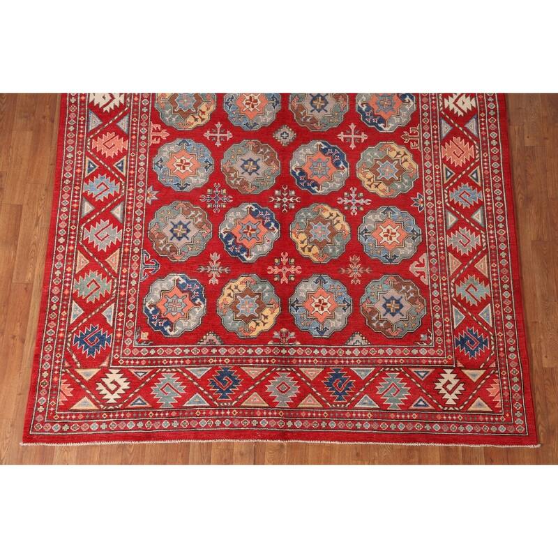 All-Over Geometric Kazak Living Room Area Rug Handmade Wool Carpet - 6'4" x 9'7"