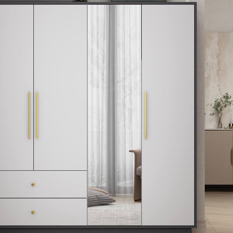 Wooden 2 Drawers 4 Doors Wardrobe Armoire With Mirror (Gray/Black)
