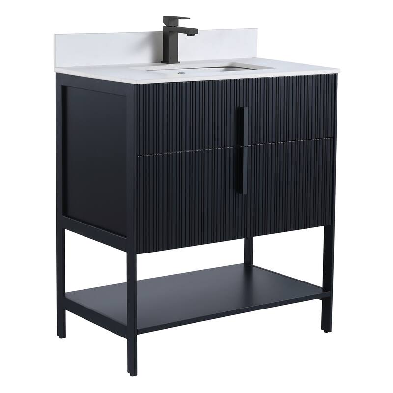 Fine Fixtures Serenity Modern Bathroom Vanity with White Stone Top - Black Matte - Black Hardware - 30 inch