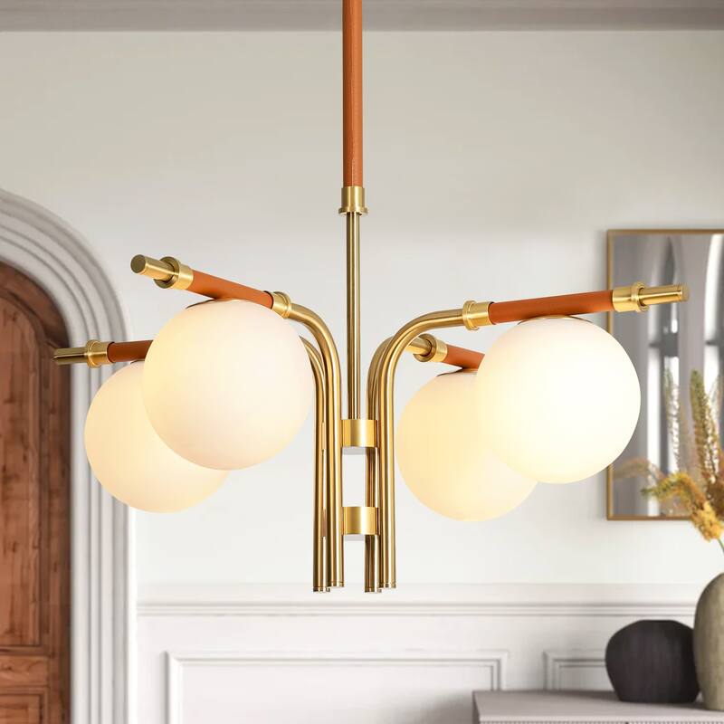 4-Light Mid-Century Modern Gold Linear Sputnik Chandelier with Opal Glass Globe Shades for Living Room, Dining Room, Bedroom - Brown/Gold/White - 27.2 in. W x 23.2 in. H x 27.2 in. D