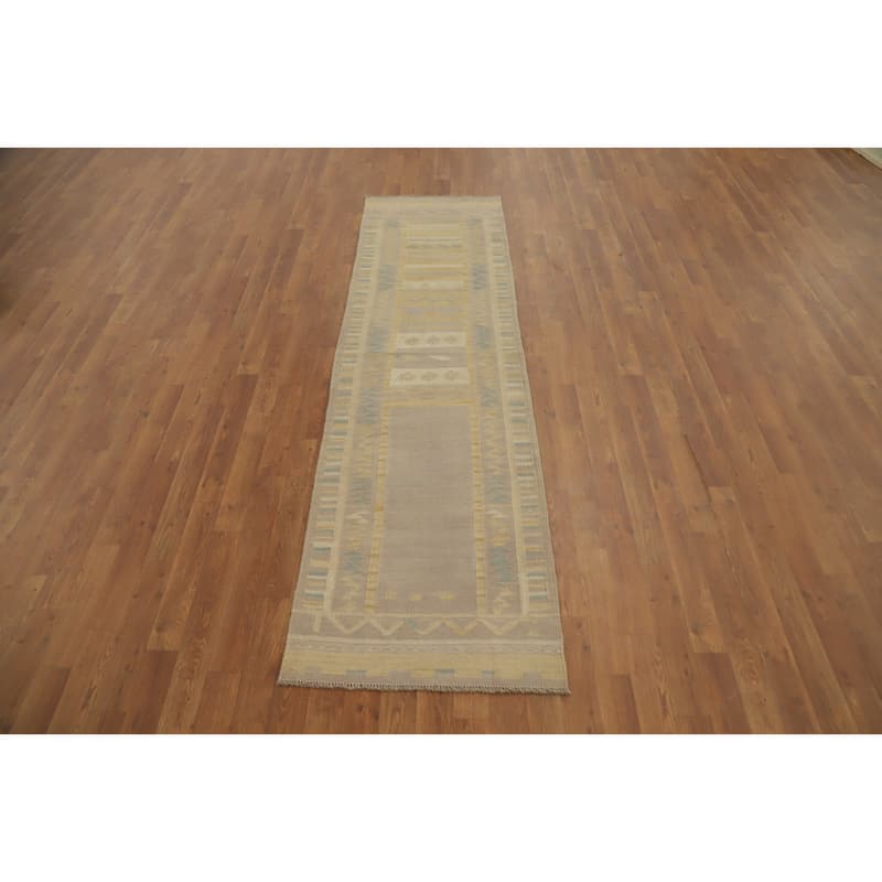 Hand Woven Oriental 100% Wool Carpet Southwestern Tribal Yellow & Gold Kilim Runner Rug - 7' 9'' X 2' 2''