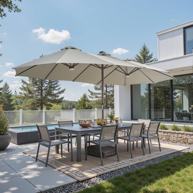 ​OVIOS 15ft Double Side Patio Outdoor Umbrella with Crank & LED Light - LightGrey
