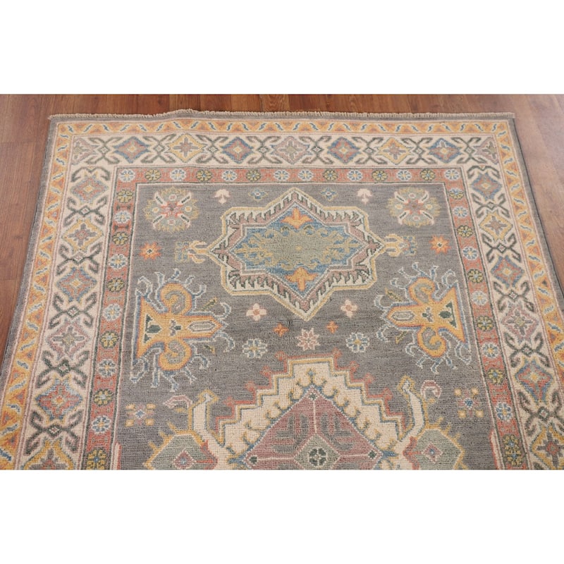 Geometric Grey Kazak Oriental Rug Bedroom Hand-Knotted Wool Carpet - 4'0"x 5'10"