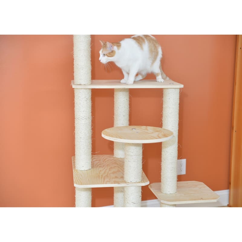 Real Wood Premium Scots Pine 69-Inch Cat Tree with Five Levels, Perch, Condo - Natural Beige