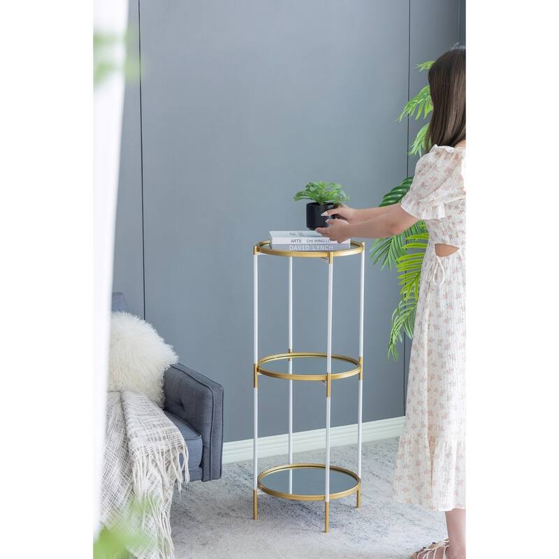 3 Tier Glass Shelf with Metal Frame White and Gold Modern Display Stand