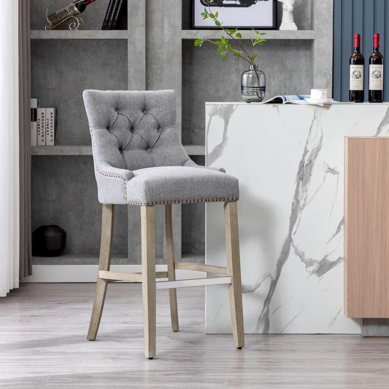 Carter 29" Upholstered Button Tufted Bar Stool, Antique Gray Legs