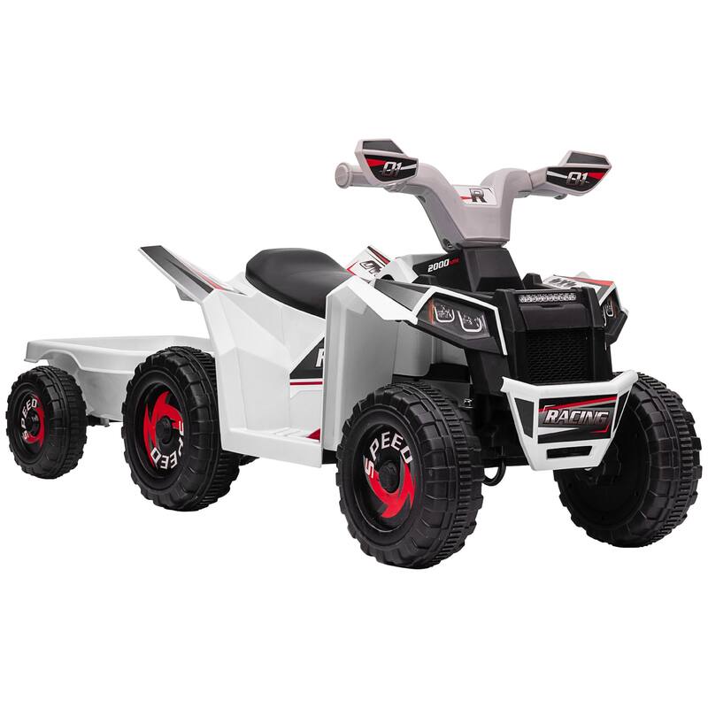 6V Kid ATV with Back Trailer, Electric Ride-On Car for Toddlers, Safe Speed, Wear-Resistant Wheels for Outdoor, 18-36 Months - White