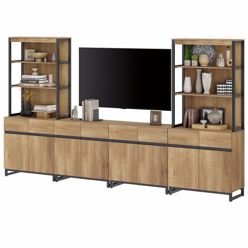 WAMPAT Modern TV Stand with 3 Tiers Bookshelf, Farmhouse Entertainment Center with 4 Large Storage Cabinets and Adjustable Shelf