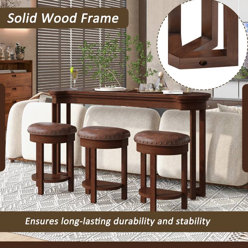 4 Piece Bar Table Set with 3 PU Upholstered Bar Stools, Breakfast Table with 3 Padded Stools Solid Wood Counter Height
