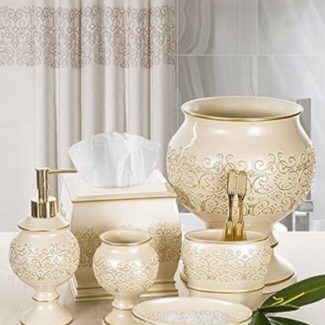 Creative Scents Shannon Style Gold and Beige Resin Bathroom Trash Can