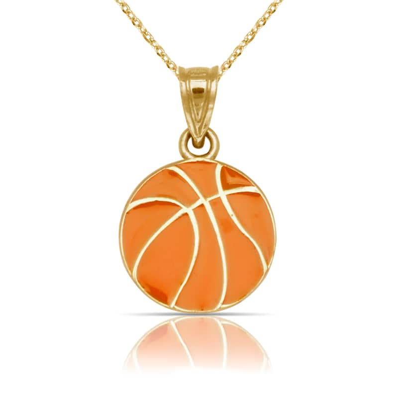 Curata 14K Yellow Gold 18" Orange Enamel Flat Basketball Ball Pendant Necklace Necklace
