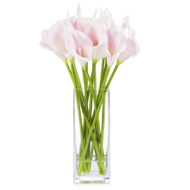 Enova Home Artificial Real Touch Lilies Fake Silk Flowers Arrangement in Glass Vase with Faux Water for Home Office Decoration - Pink