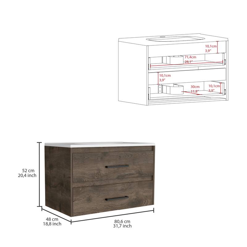 Praga Wall-Mounted Vanity Sink, 32-Inch Compact Design with Ample Storage and Modern Aesthetic - 31.7in L