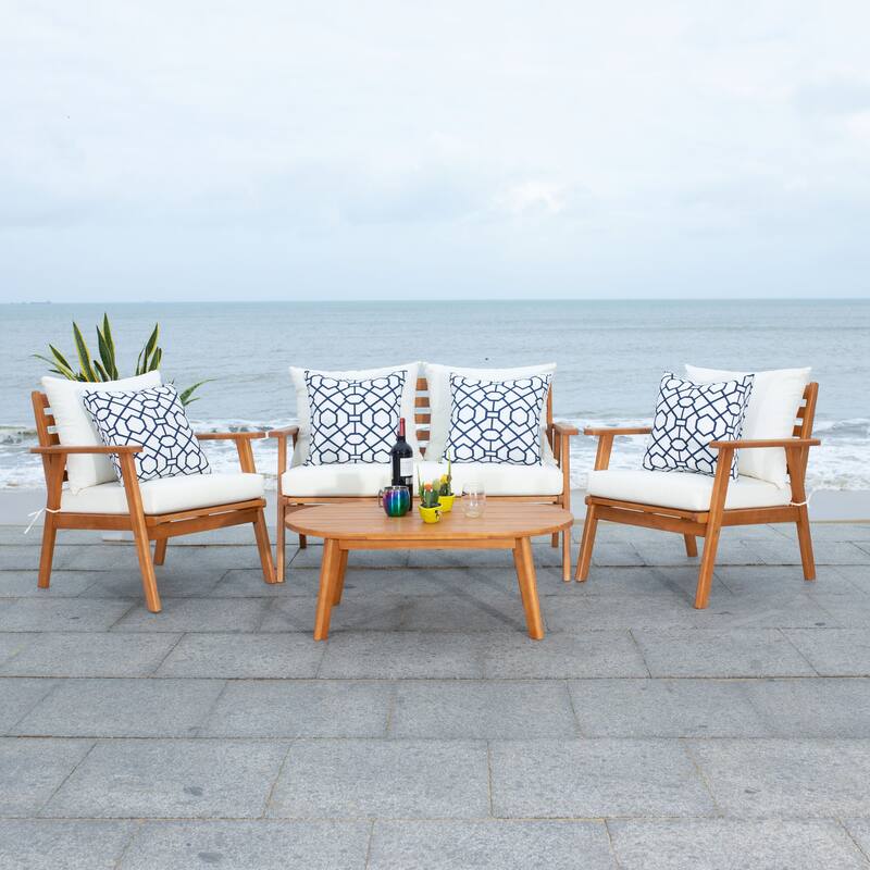SAFAVIEH Outdoor Deacon 4-piece Conversation Patio Set. - 49" W x 30" D x 31" H - Natural/Beige/White/Navy Mosaic
