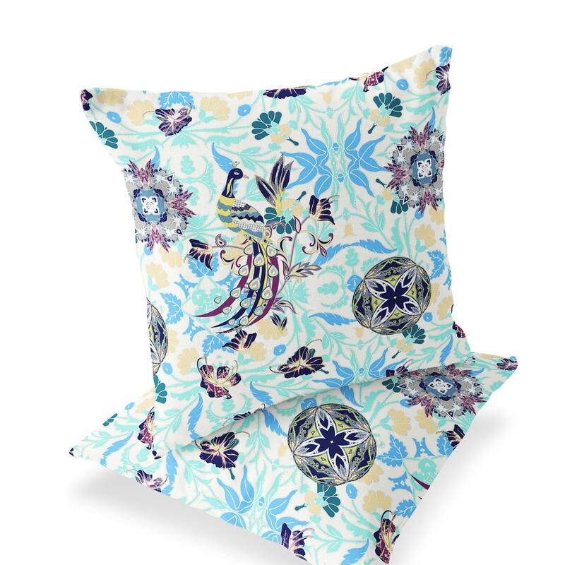 HomeRoots Set of Two 16" X 16" Blue and White Peacock Blown Seam Eclectic Indoor Outdoor Throw Pillow - 16.00' X '16.00' X '5.00
