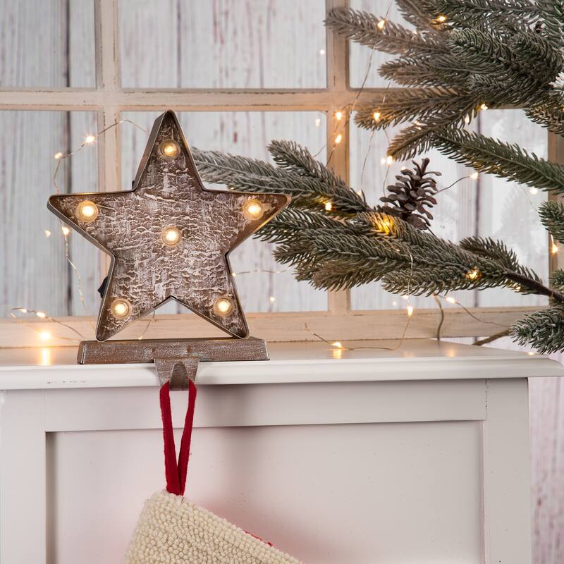 Glitzhome 7.5" H Christmas Silver LED Gift Box Heavy Duty Stocking Holders Mantel Ornament