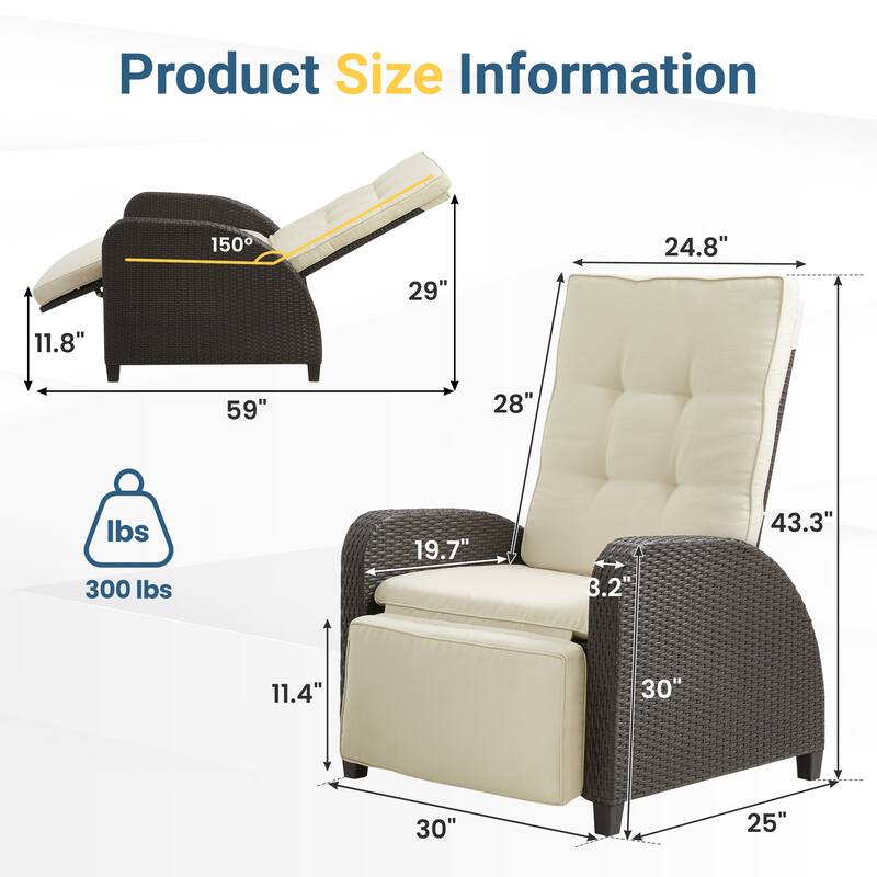 Adjustable Outdoor Lounge Chair with Backrest and Footrest, Non-Slip Legs and Weather-Resistant Cushions - Beige