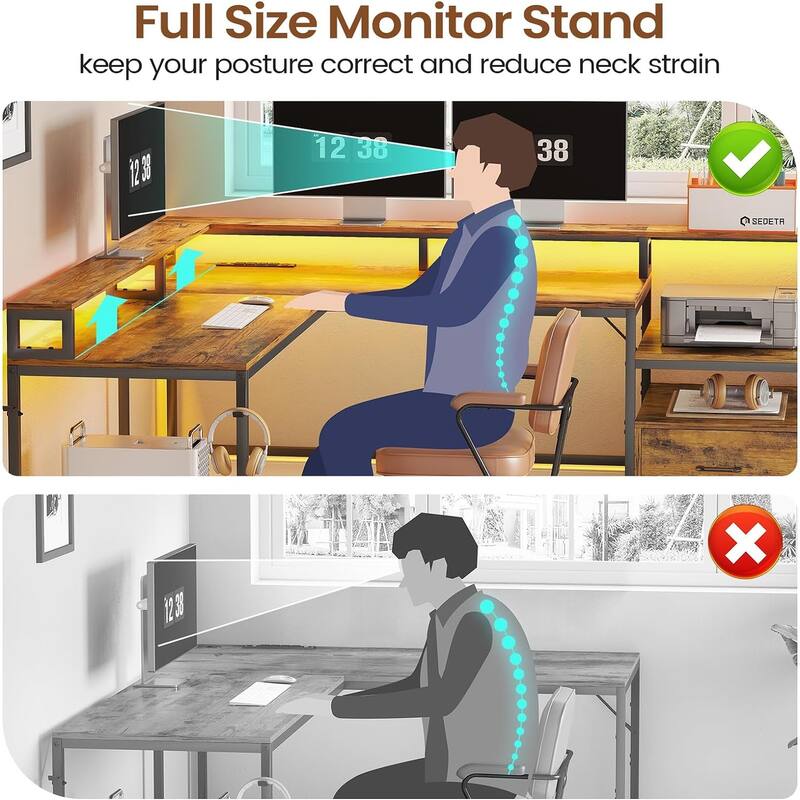 L Shaped Home Office Desk Computer desk File Drawer Power Outlet