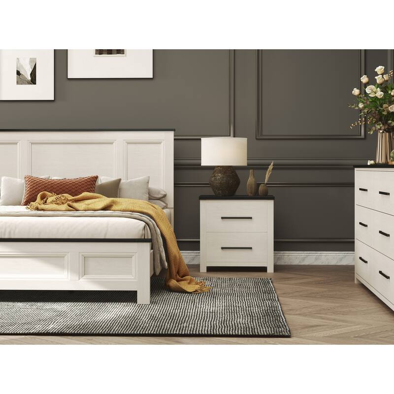 Roundhill Furniture Realynn 6-Piece Wood Bedroom Set, Panel Bed with Dresser, Mirror, Chest, and 2 Nightstands, Off-White Finish