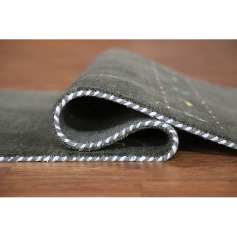 Animals Green Gabbeh Indian Runner Rug Hand-Knotted Wool Carpet - 2'4" x 9'2"