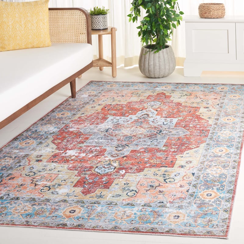 SAFAVIEH Arizona Ketrin Vintage Machine Washable Rug - 6' Square - Rust/Aqua