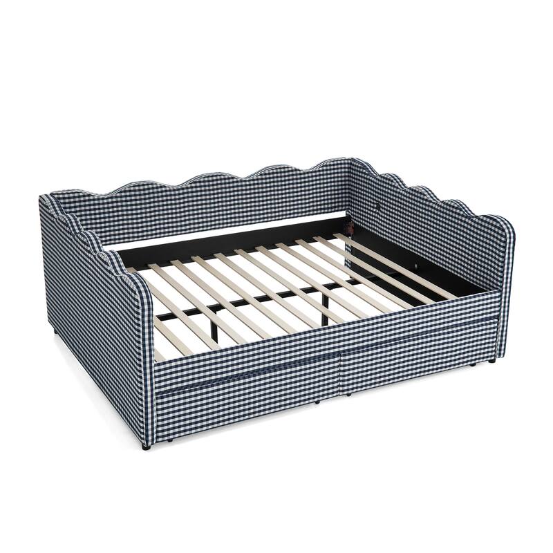 Full/Queen Gingham Daybed with 2 Storage Drawers, USB Port & Wave Shaped Linen Fabric