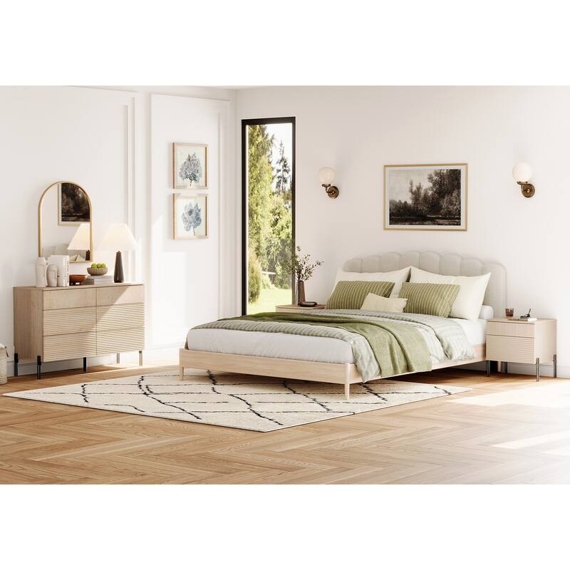 WAMPAT 3-Piece Modern Bedroom Set, 47" Fluted Dresser with 6 Drawers & 2 Nightstands with Charging Station, Oak - Beige