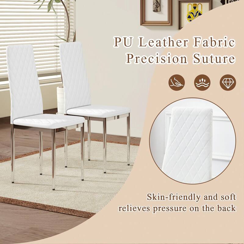 Modern White PU Dining Chairs Set of 4 - Diamond Quilted High Back Design with Silver Chrome Metal Legs