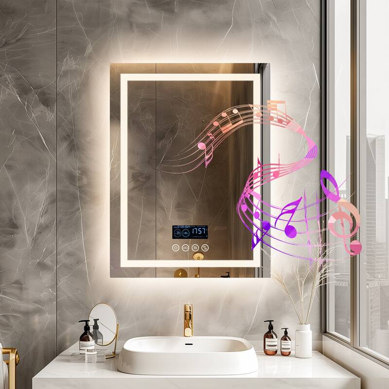 Smart LED Illuminated Fog-free Large Bathroom Mirror with Bluetooth Speakers, Digital Display - 32" x 24" Rectangular
