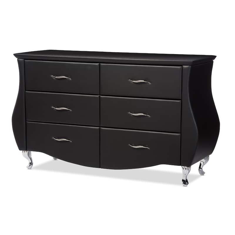 Modern 6-Drawer Dresser - Black Faux Leather Chest of Drawers with Steel Accents - Large Storage Unit