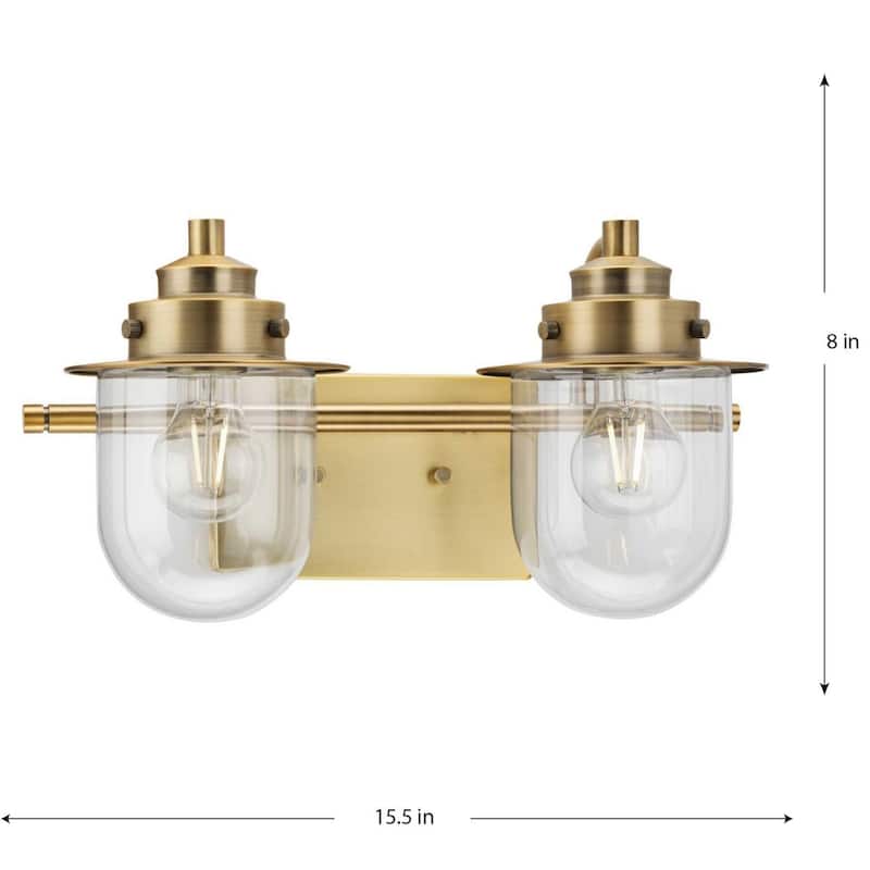 Northlake Collection Two-Light Vintage Brass Clear Glass Transitional Bath Light - 15.5 in x 7.5 in x 8 in