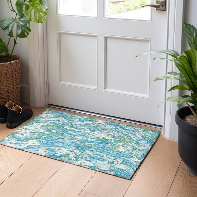 Machine Washable Indoor/ Outdoor Abstract Flow Chantille Rug - Teal - 1'8" x 2'6"