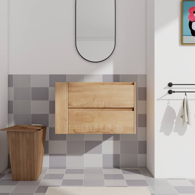 36" Wall-Mounted Bathroom Vanity, Double Soft-Close Drawers, Adjustable Side Rack, 45° Bevelled Invisible Handle - 29.3in L Plywood - 29.3in L Imitative Oak