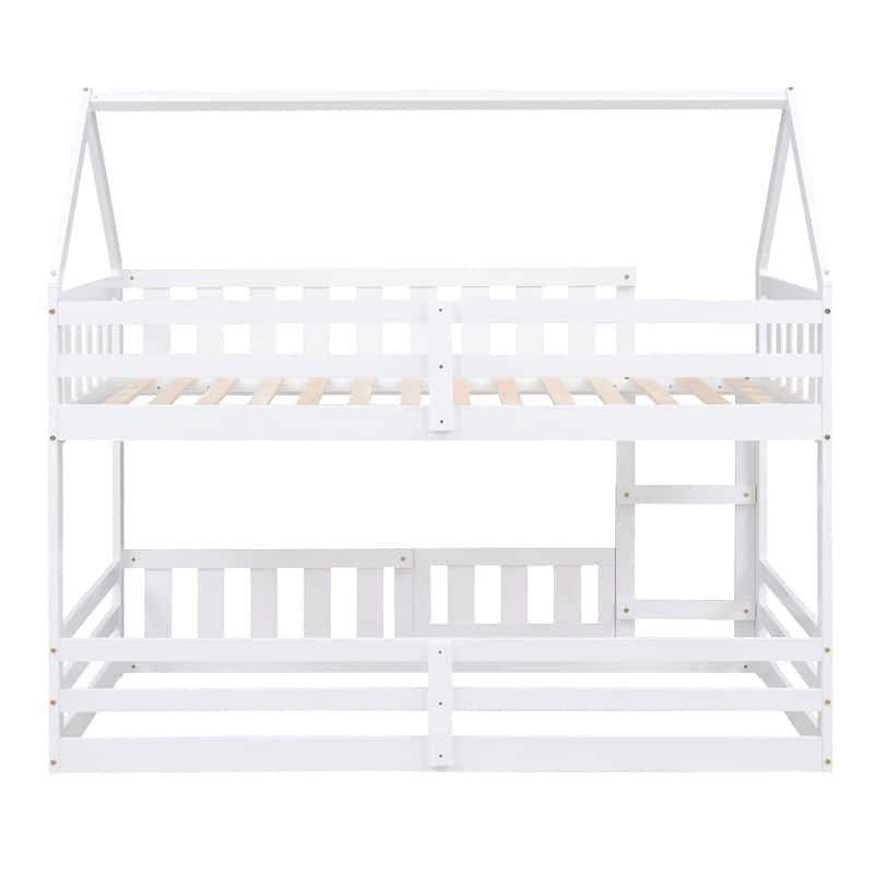 Twin over Twin House Bed Bunk Bed with Fence and Door