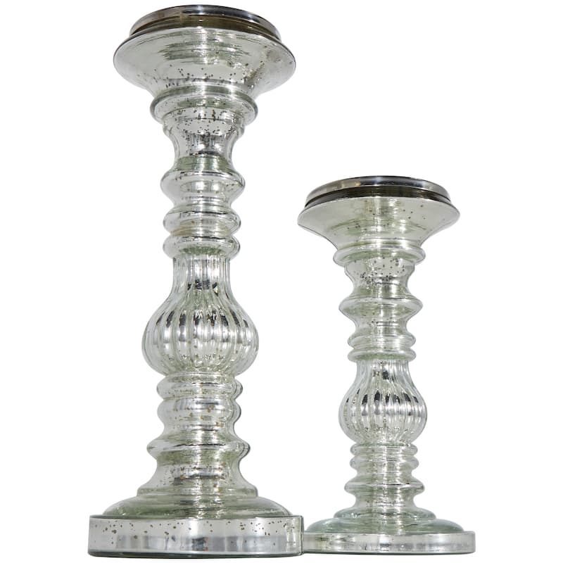 Metal Handmade Turned Style Pillar Candle Holder - Set of 2 Silver - Roche River Decor - 4"W x 4"L x 9"H