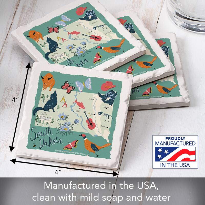 South Dakota Home 4-Pack Absorbent Stone Coasters with Protective Cork Backing 4" Square Made in The USA Easily Wipes Clean
