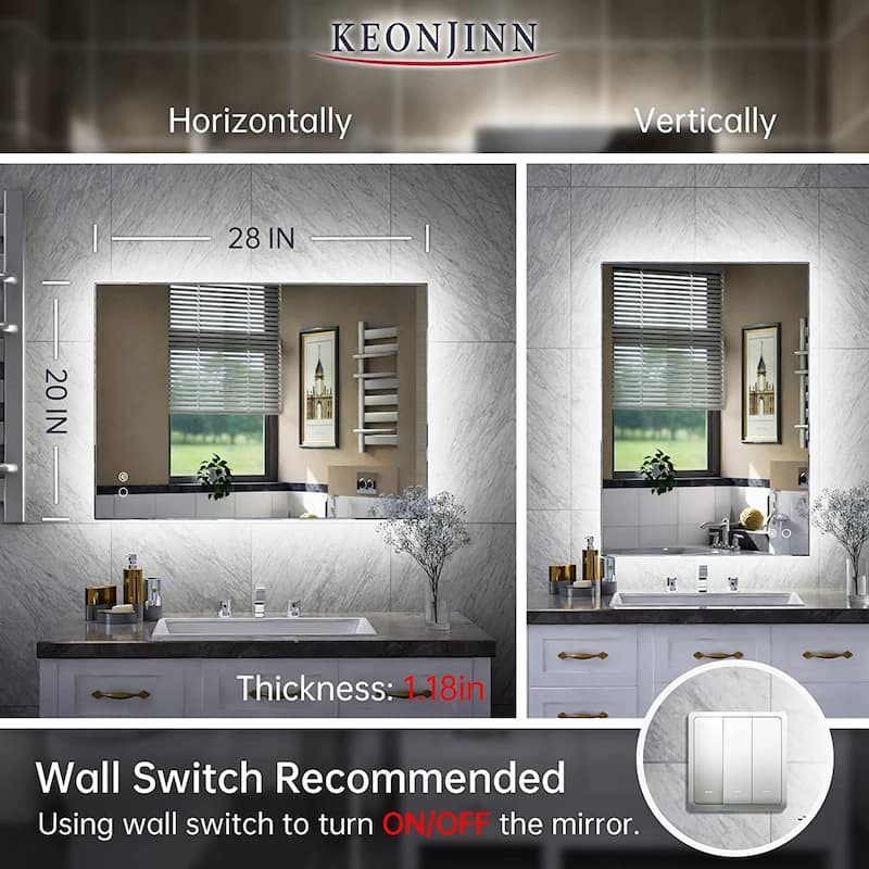 Keonjinn LED Backlit Bathroom Vanity Mirror Anti-Fog Dimmable Lighted CRI90 High Definition(Horizontally/Vertically)