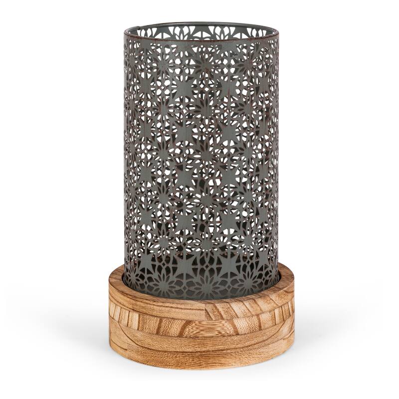 12.2 in H Metal Rustic Brown Cylinder Lantern with Wooden Base