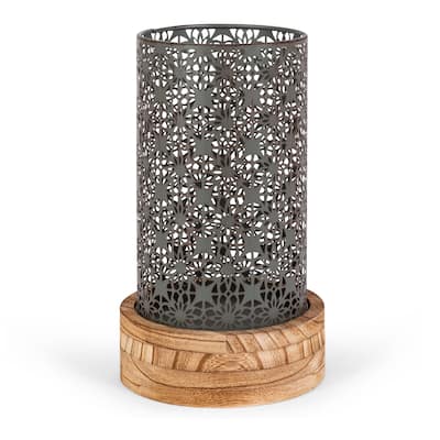 12.2 in H Metal Rustic Brown Cylinder Lantern with Wooden Base