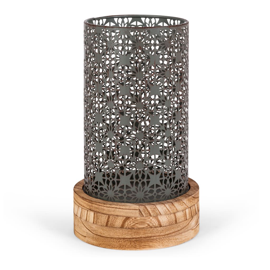 12.2 in H Metal Rustic Brown Cylinder Lantern with Wooden Base
