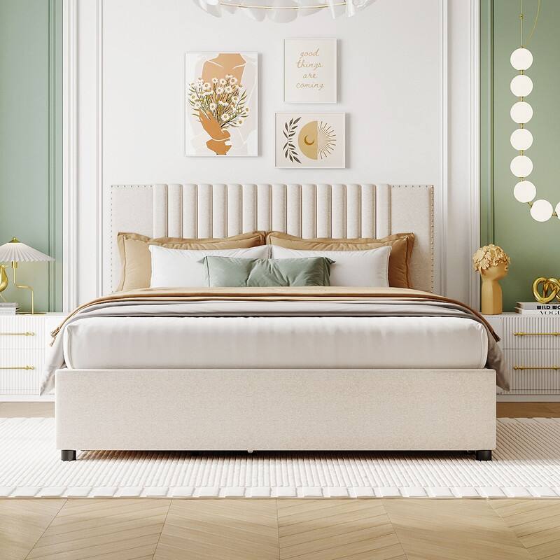 Linen Upholstered Platform Bed with 2 Drawers and Trundle,Queen/Full Size