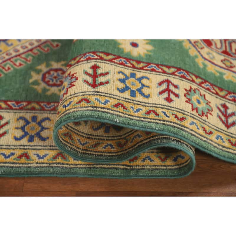 Green Geometric Kazak Runner Rug Handmade Wool Carpet - 2'8" x 16'2"