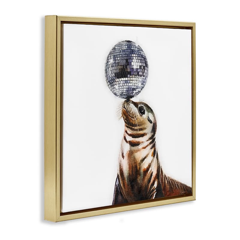 Stupell Seal Balancing Disco Ball Framed Floater Canvas Wall Art Design By Amanda Greenwood