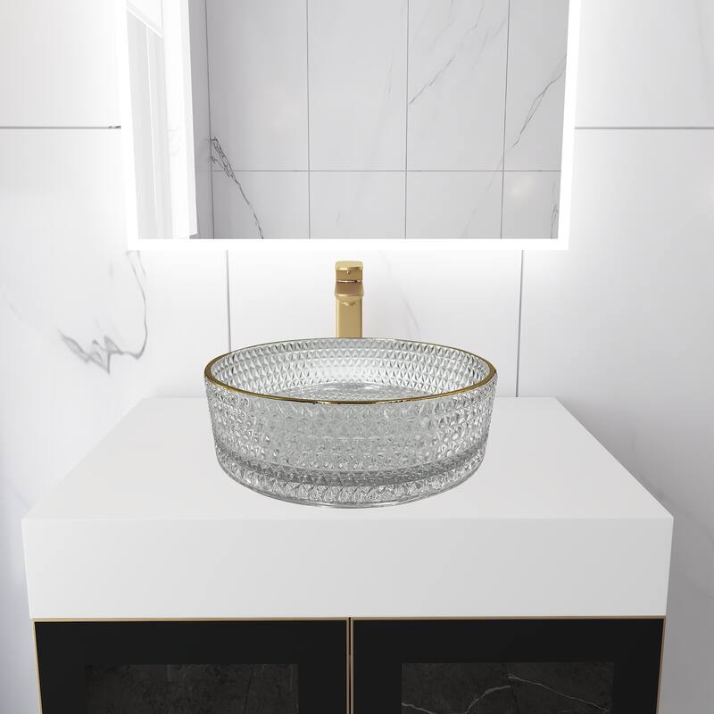 Scotch Round Basin Glass Crystal Bathroom Vessel Sink in Multiple Colors - 16" - Clear With Gold Rim