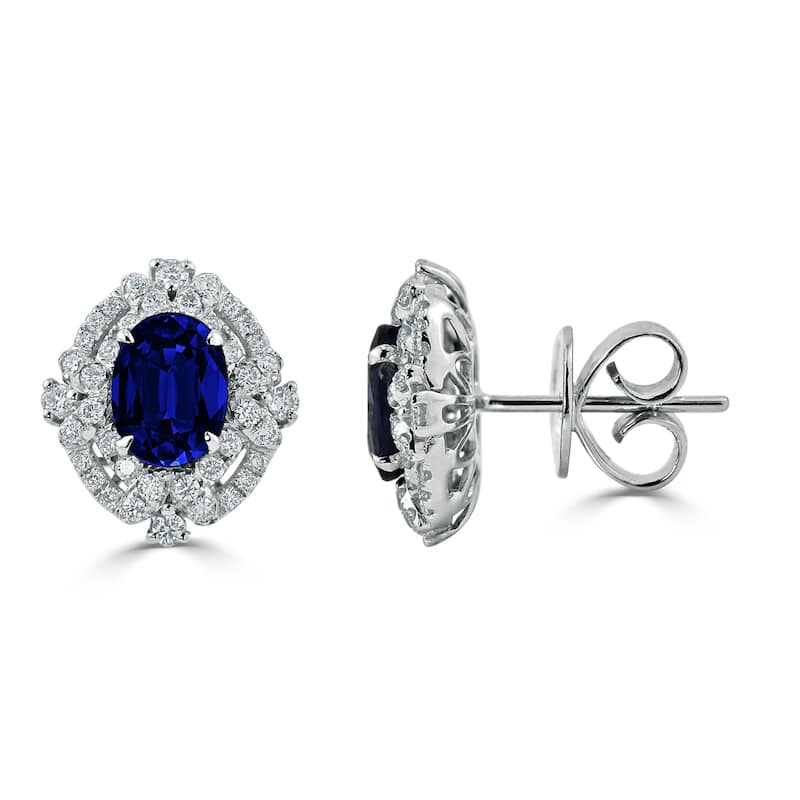 Auriya 18k White Gold 3 1/5ct Blue Sapphire and 5/8ct Diamond Halo Earrings