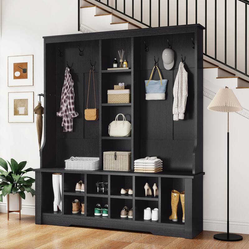 Moasis 39"/59" Farmhouse Hall Tree Bench Shoe Storage Coat Rack for Entryway with Adjustable Shelf - Black - 59"