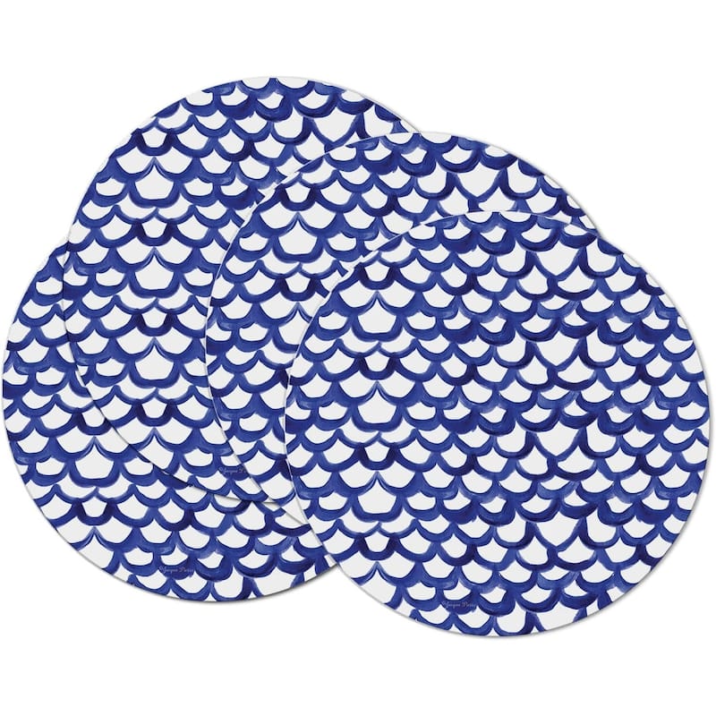 Waves 4 Pack Round Reversible Easy Care Flexible Plastic Placemats Made in The USA Reversible Flexible Easily Wipes Clean - Set of 4