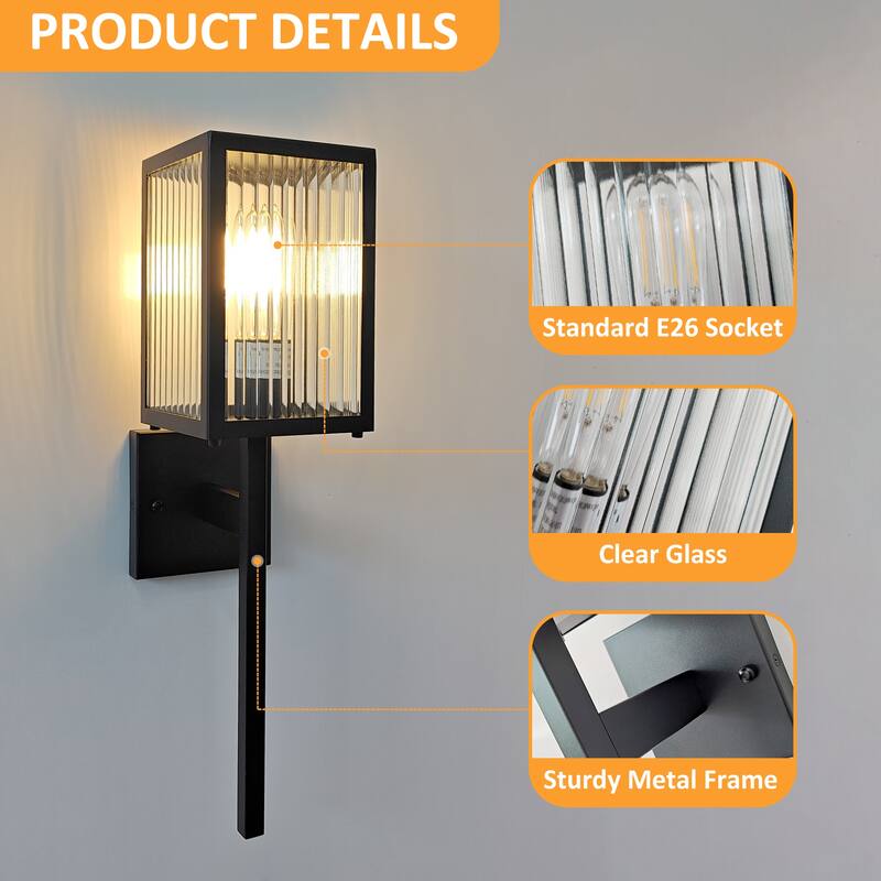 Outdoor Wall Sconce with Clear Ribbed Glass,Waterproof Exterior Wall Lantern for House Exterior/Front Door/Garage/Patio(2-PACK)