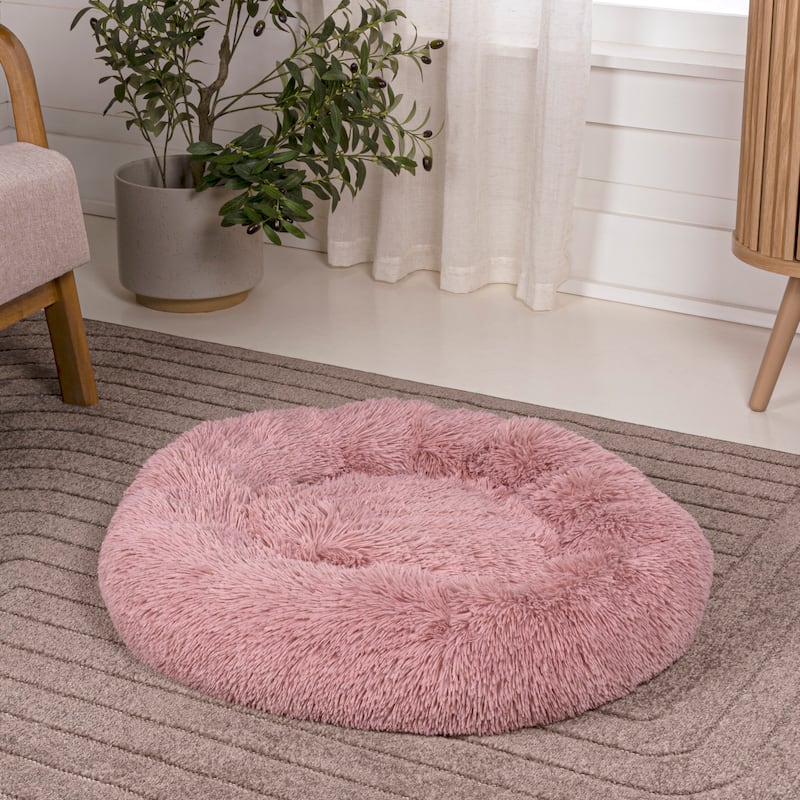 Maisie Bohemian Glam Faux Fur Round Fluffy Calming Donut Pet Bed with Washable Cover